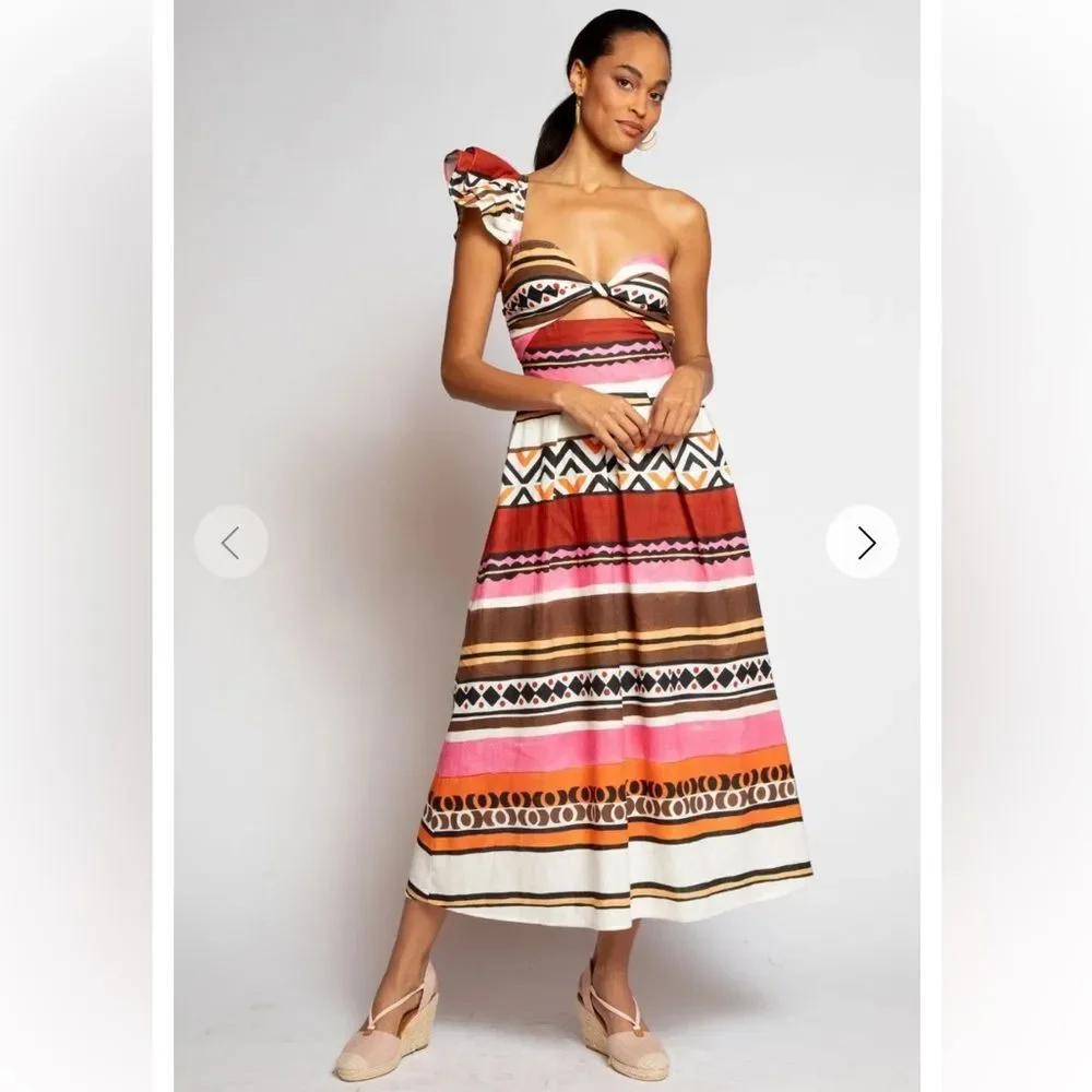 Eva Franco Dress One Shoulder Pleated Tulum Stripe Linen Tribal Ethnic 4 NWT